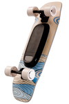An electric skateboard shown from a high-angle side view against a solid white background. The deck features a natural wood grain base with blue and white wave patterns, a black central battery pack, and light pink wheels.