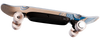 An electric skateboard shown from a high-angle side view against a solid white background. The deck features a natural wood grain base with blue and white wave patterns, a black central battery pack, and light pink wheels.